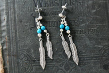 Load image into Gallery viewer, Native American Navajo WM Wheeler Silver Turquoise Bead Double Feather Dangle Earrings
