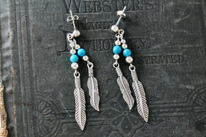 Native American Navajo WM Wheeler Silver Turquoise Bead Double Feather Dangle Earrings