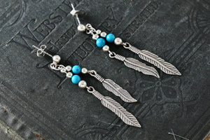 Native American Navajo WM Wheeler Silver Turquoise Bead Double Feather Dangle Earrings