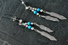 Load image into Gallery viewer, Native American Navajo WM Wheeler Silver Turquoise Bead Double Feather Dangle Earrings
