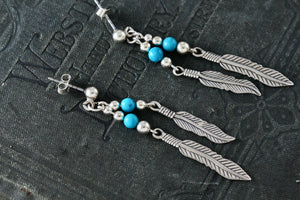 Native American Navajo WM Wheeler Silver Turquoise Bead Double Feather Dangle Earrings