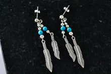 Load image into Gallery viewer, Native American Navajo WM Wheeler Silver Turquoise Bead Double Feather Dangle Earrings
