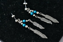 Load image into Gallery viewer, Native American Navajo WM Wheeler Silver Turquoise Bead Double Feather Dangle Earrings
