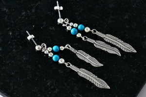 Native American Navajo WM Wheeler Silver Turquoise Bead Double Feather Dangle Earrings