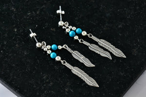 Native American Navajo WM Wheeler Silver Turquoise Bead Double Feather Dangle Earrings