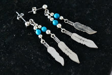 Load image into Gallery viewer, Native American Navajo WM Wheeler Silver Turquoise Bead Double Feather Dangle Earrings
