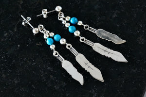 Native American Navajo WM Wheeler Silver Turquoise Bead Double Feather Dangle Earrings