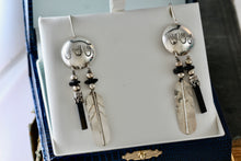 Load image into Gallery viewer, Vintage Native American Silver Dangle Feather &amp; Black Onyx Earrings Signed LHTC
