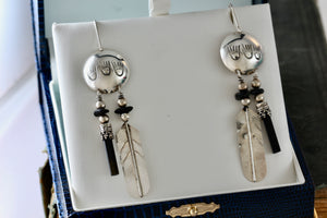 Vintage Native American Silver Dangle Feather & Black Onyx Earrings Signed LHTC