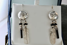 Load image into Gallery viewer, Vintage Native American Silver Dangle Feather &amp; Black Onyx Earrings Signed LHTC
