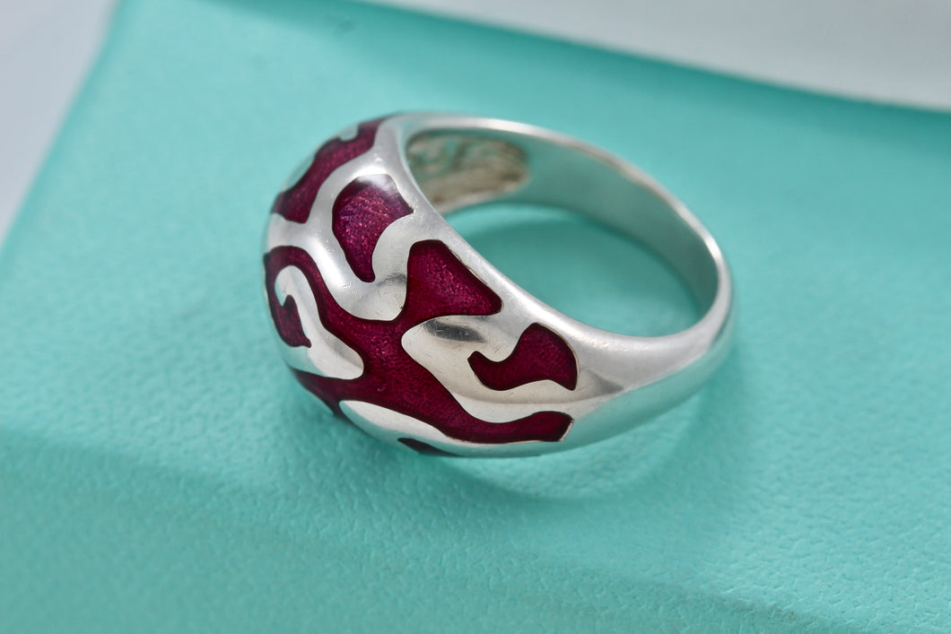 Sterling Silver Purple Enamel Inlay Designer DB Signed Dome Ring Size 7.5