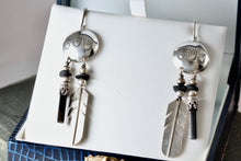 Load image into Gallery viewer, Vintage Native American Silver Dangle Feather &amp; Black Onyx Earrings Signed LHTC
