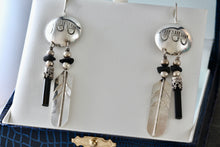 Load image into Gallery viewer, Vintage Native American Silver Dangle Feather &amp; Black Onyx Earrings Signed LHTC
