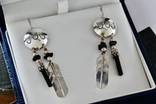 Load image into Gallery viewer, Vintage Native American Silver Dangle Feather &amp; Black Onyx Earrings Signed LHTC
