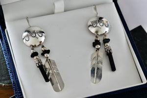 Vintage Native American Silver Dangle Feather & Black Onyx Earrings Signed LHTC