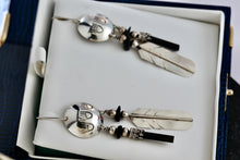 Load image into Gallery viewer, Vintage Native American Silver Dangle Feather &amp; Black Onyx Earrings Signed LHTC
