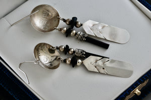 Vintage Native American Silver Dangle Feather & Black Onyx Earrings Signed LHTC