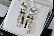 Load image into Gallery viewer, Vintage Native American Silver Dangle Feather &amp; Black Onyx Earrings Signed LHTC
