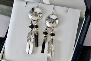 Vintage Native American Silver Dangle Feather & Black Onyx Earrings Signed LHTC