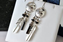 Load image into Gallery viewer, Vintage Native American Silver Dangle Feather &amp; Black Onyx Earrings Signed LHTC
