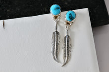 Load image into Gallery viewer, Vintage Native American Silver Turquoise Silver Dangle Feather Earrings
