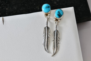 Vintage Native American Silver Turquoise Silver Dangle Feather Earrings