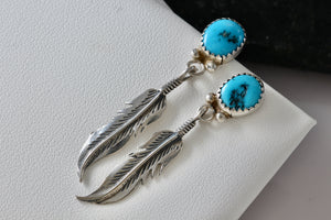 Vintage Native American Silver Turquoise Silver Dangle Feather Earrings