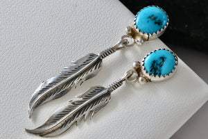 Vintage Native American Silver Turquoise Silver Dangle Feather Earrings