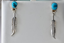 Load image into Gallery viewer, Vintage Native American Silver Turquoise Silver Dangle Feather Earrings
