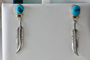 Vintage Native American Silver Turquoise Silver Dangle Feather Earrings