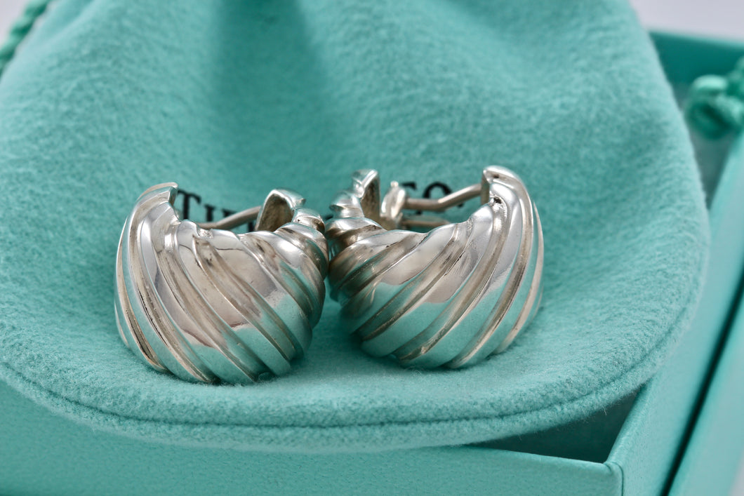 Tiffany & Co. Silver Atlas Groove Stripe Wide Hoop Clip on Earrings