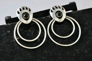 Vintage Native American Navajo Onyx Cabochon Bear Paw Double Hoop Earrings