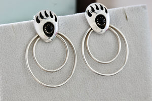 Vintage Native American Navajo Onyx Cabochon Bear Paw Double Hoop Earrings