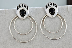 Vintage Native American Navajo Onyx Cabochon Bear Paw Double Hoop Earrings