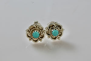 Native American Silver Turquoise Bead Flower Stud Earrings