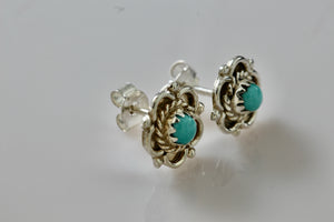 Native American Silver Turquoise Bead Flower Stud Earrings