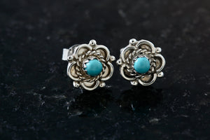 Native American Silver Turquoise Bead Flower Stud Earrings