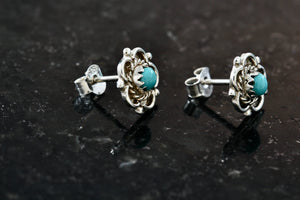 Native American Silver Turquoise Bead Flower Stud Earrings