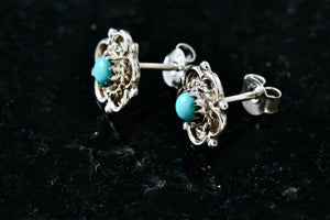 Native American Silver Turquoise Bead Flower Stud Earrings