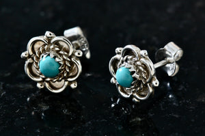 Native American Silver Turquoise Bead Flower Stud Earrings