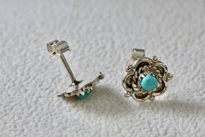 Native American Silver Turquoise Bead Flower Stud Earrings