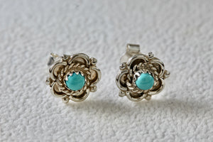 Native American Silver Turquoise Bead Flower Stud Earrings