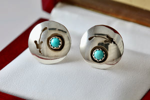 Vintage Native American Silver Disc Turquoise Bead Earrings