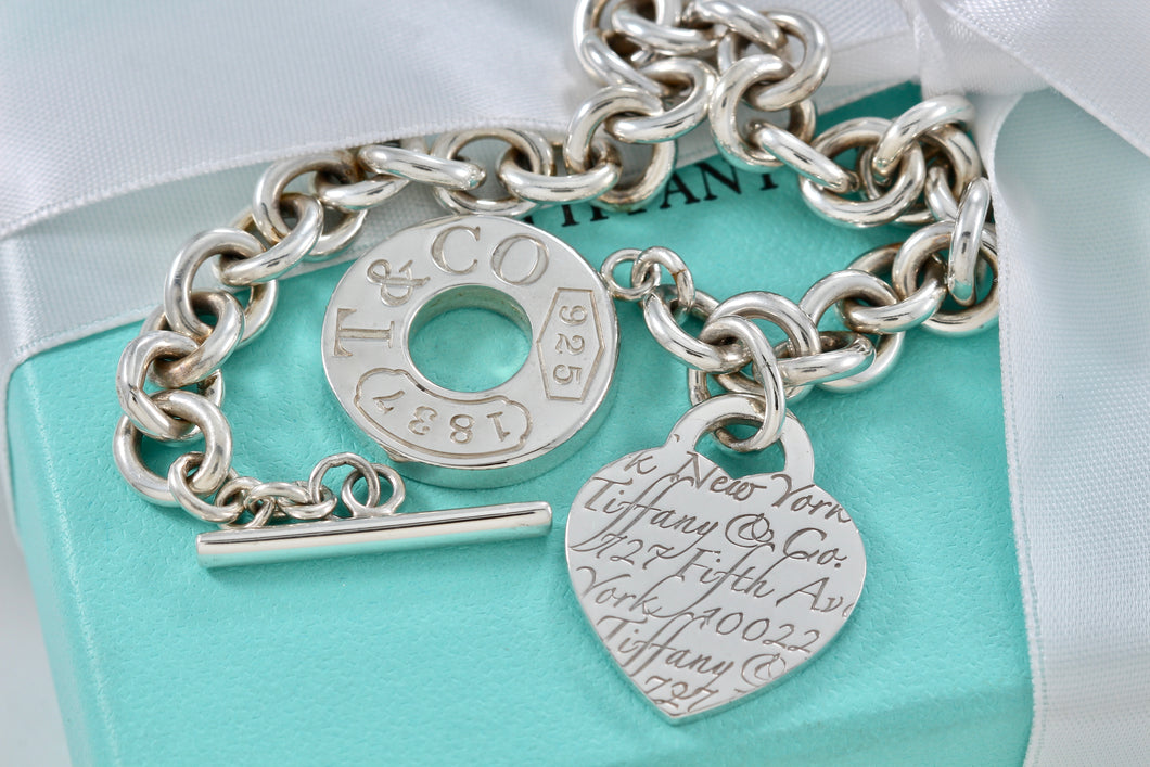 Tiffany & Co. Silver Notes Heart Charm 1837 Toggle Bracelet