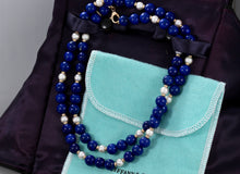 Load image into Gallery viewer, Tiffany &amp; Co. Lapis Pearl 14Kt. Gold Ball Bead Strand 24&quot; Necklace
