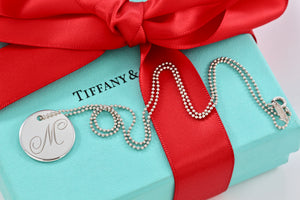 Tiffany & Co. Silver Letter "M" Large DIsc Pendant Beaded Chain Necklace