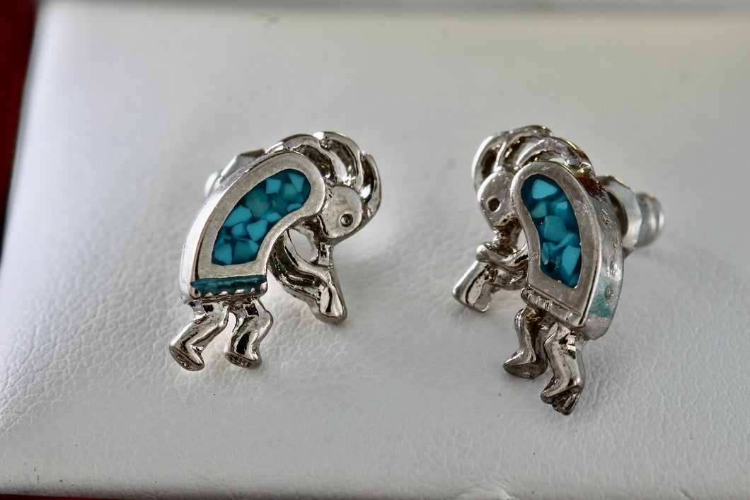 Native American Kokopelli Turquoise Inlay Stud Nickel Silver Stud Earrings