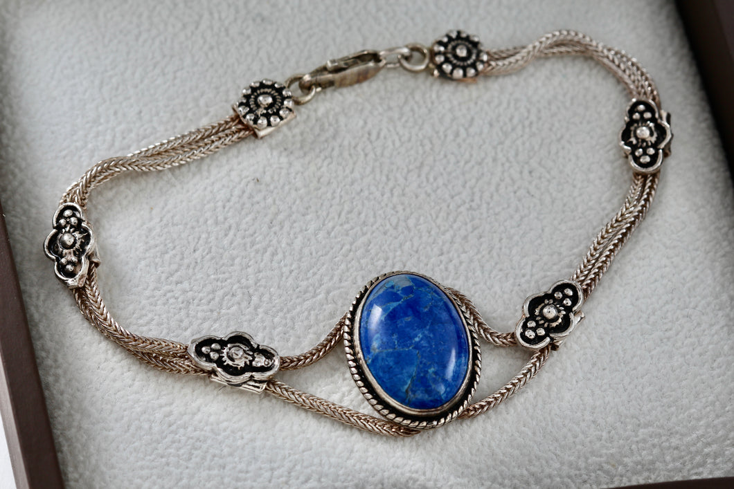 Sterling Silver Handmade Large Oval Blue Lapis Stone Floral Rope Chain 7.5