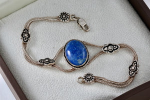 Sterling Silver Handmade Large Oval Blue Lapis Stone Floral Rope Chain 7.5" Bracelet