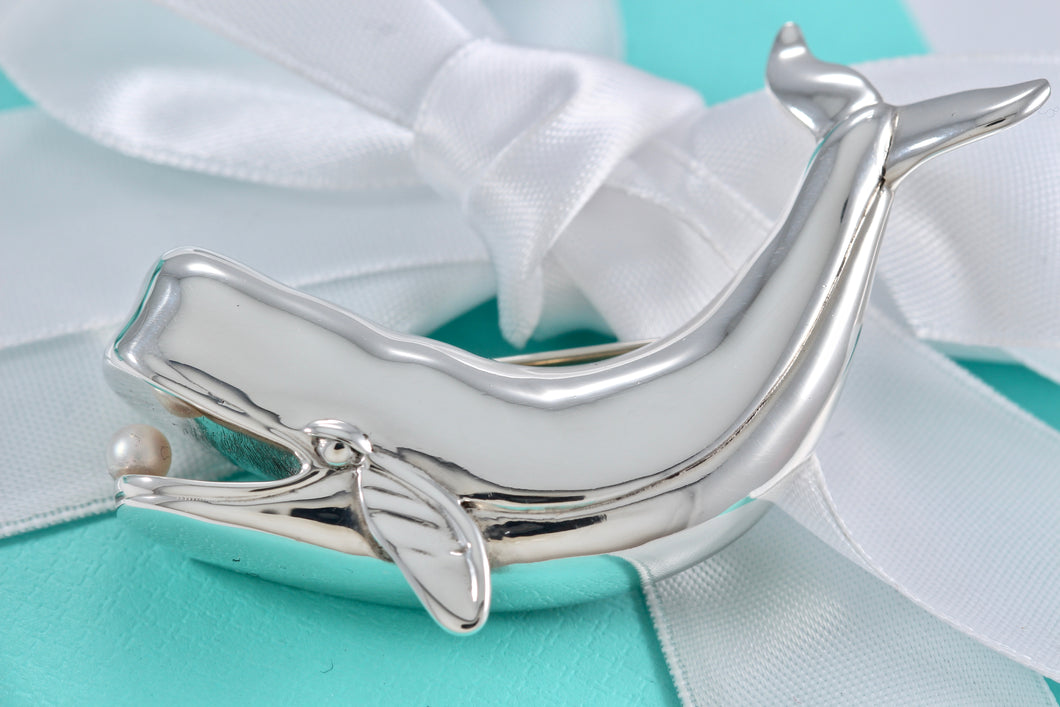 Tiffany & Co. Silver Pearl Whale Brooch Pin